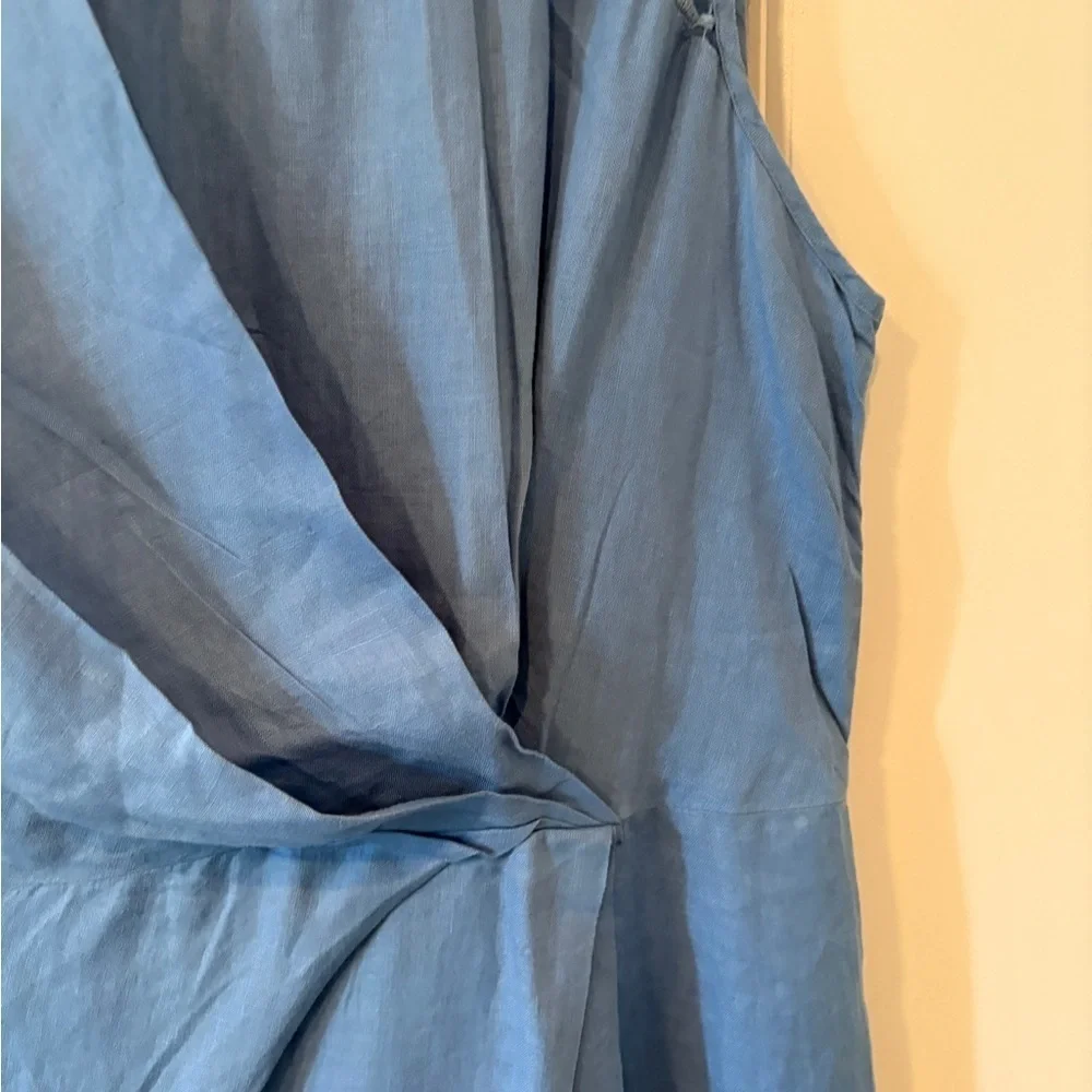 Monsoon Beautiful Blue Linen Summer Classic Crotchet Side Ruched Dress  14